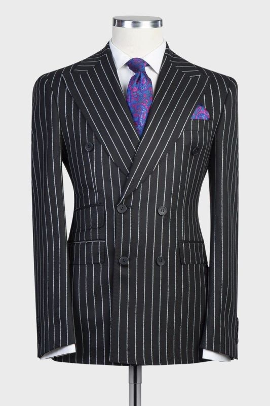 Modern Black Stripe Double Breasted Peaked Lapel Business Men Suits