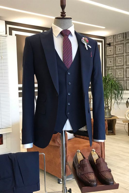Joyce Modern Navy Pointed Lapel Slim Fit Mens Business Suit