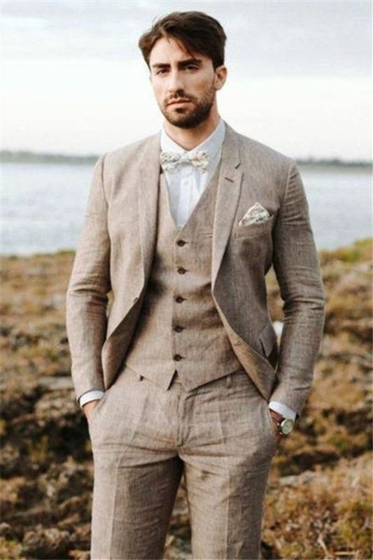 Khaki Linen Summer Beach Mens Classic Suit | Groom Wedding Tuxedo Set of 3