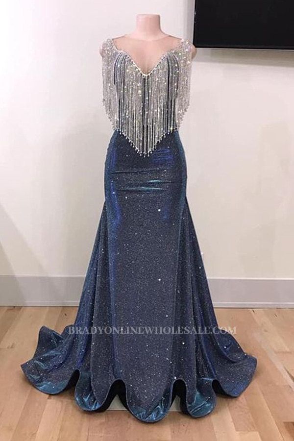 Dark navy sequin prom dress with shiny ruffles