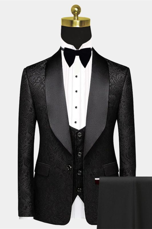 Black Satin Shawl Lapel Prom Suits | One Button Popular Jacquard Wedding Tuxedos