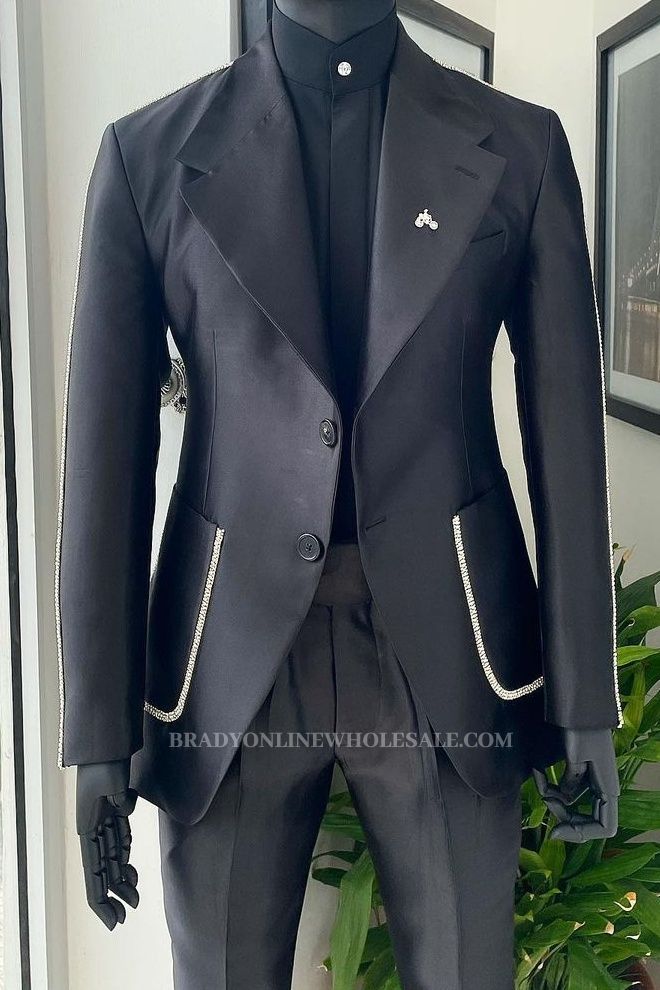 Joyce Fashion Black Wide Lapel Patch Pockets Men's Suit with White Seam Edges