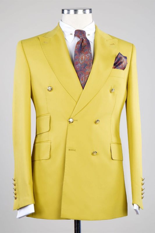 Yellow Peaked Lapel Double Breasted Two Pieces Men Suits