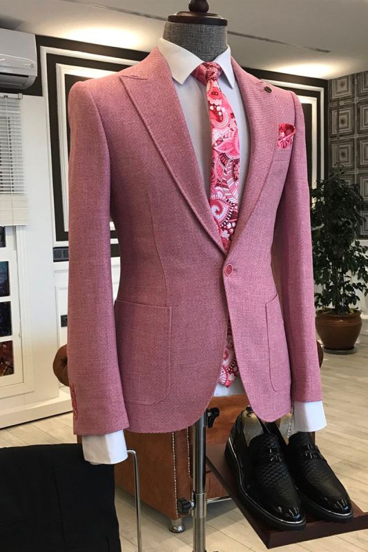 Rock Pink Pointed Lapel One Button Slim Prom Mens Suit