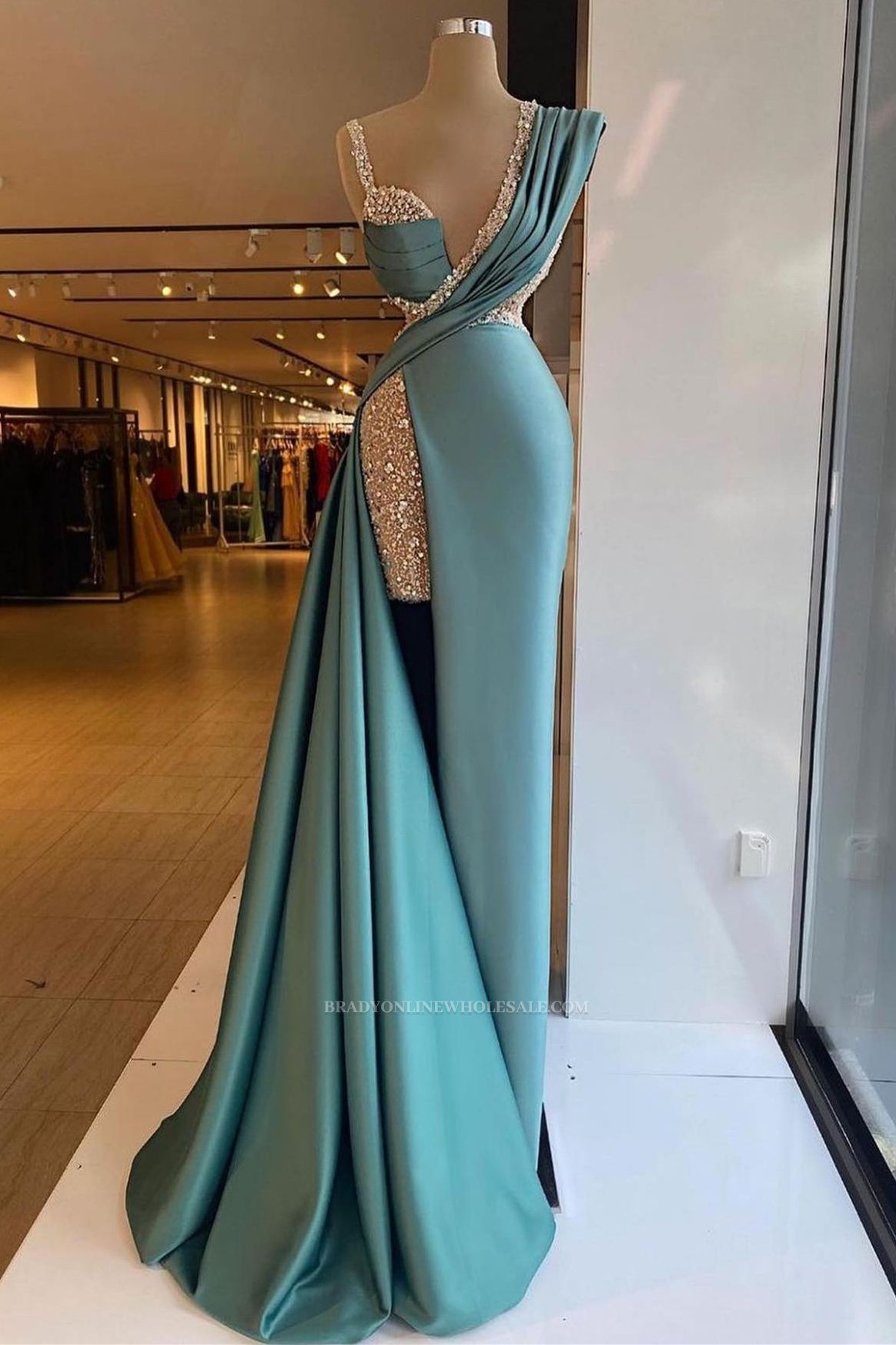 One shoulder High Split Satin Blue Court Train Prom Dresses