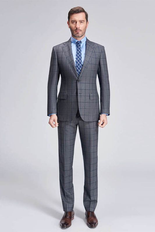 Large plaid elegant dark grey men's suits on sale