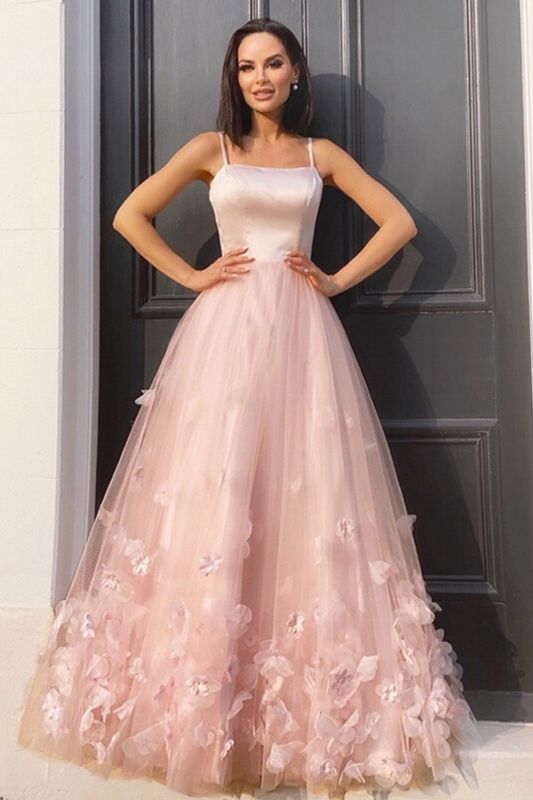 Beautiful pink strapless tulle floor lenth prom dress