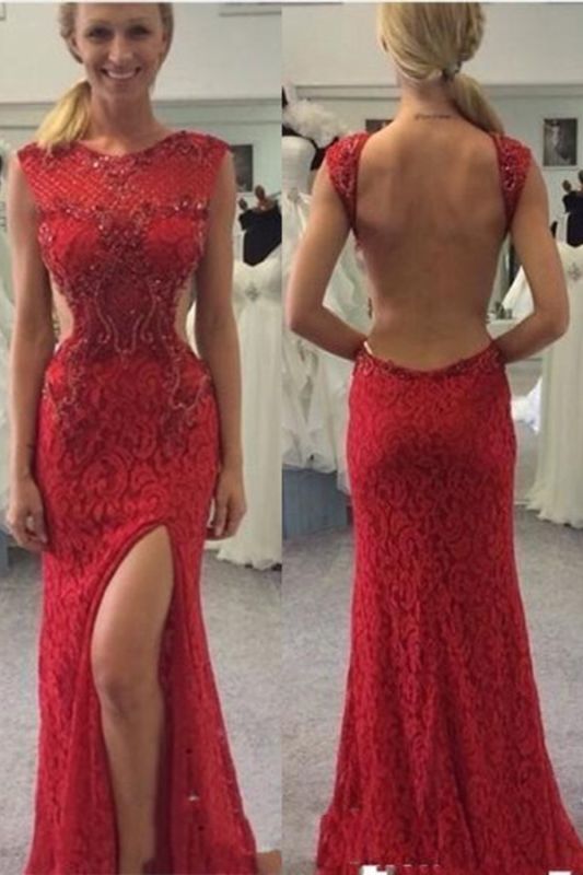 Split Red Long Mermaid Prom Dress Sexy Backless Lace Prom Dresses