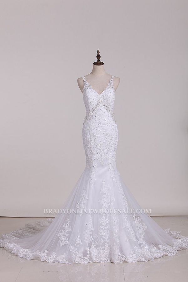 Bradyonlinewholesale Glamorous Mermaid White Tulle Lace Wedding Dress Straps V-Neck Appliques Beadings Bridal Gowns On Sale