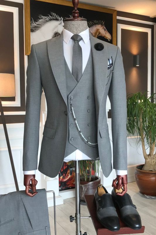 Mark Elegant 3-Piece Dark Grey Pointed Lapel Mens Formal Suit