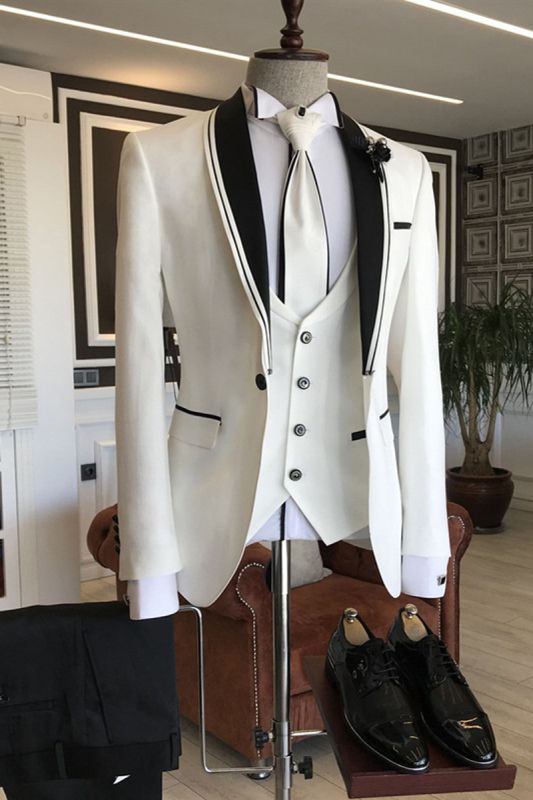 London White Slim Fit Bespoke Wedding Mens Suits with Black Shawl Lapel