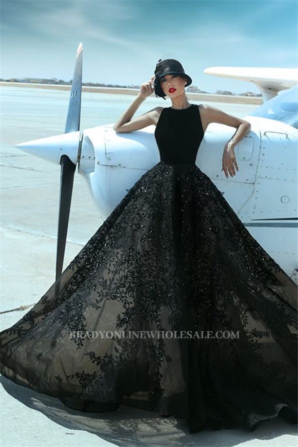 Beaded Lace Appliques Black Formal Evening Dresses Sleeveless Prom Dress