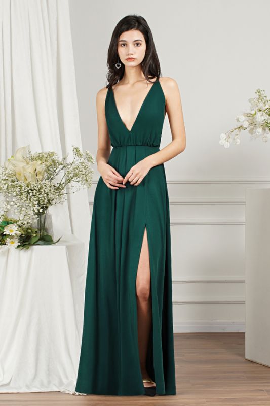Dark Green V-Neck Side Slit Floor Length Prom Dresses | Evening dresses long V neckline