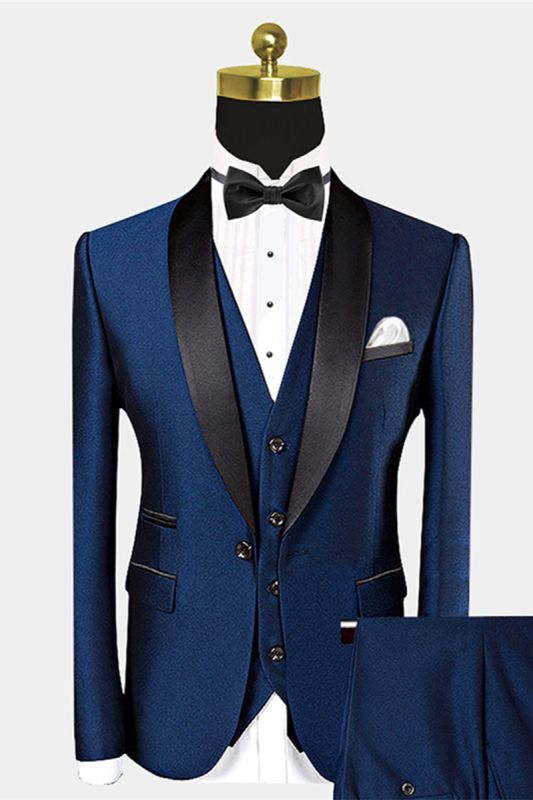 Popular Dark Navy Blue Suits for Groom | Black Satin Shawl Lapel Wedding Tuxedo for Groomsmen - Urban