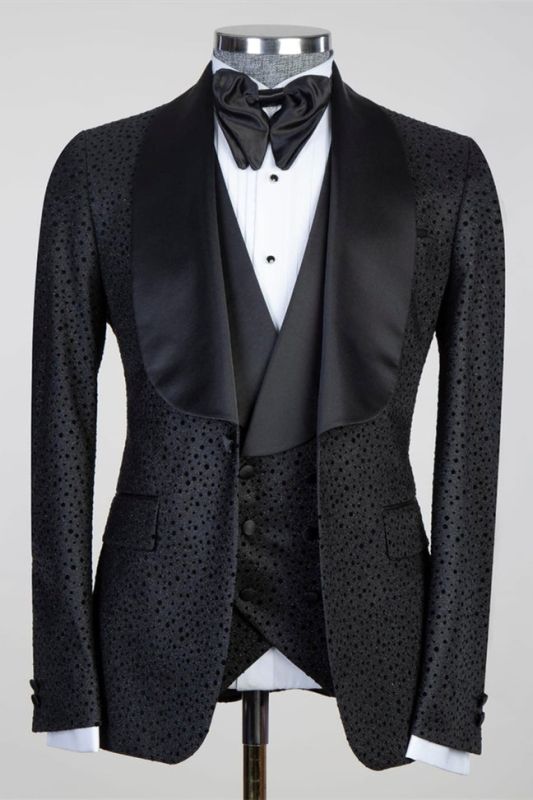 Modern Black Three Piece Shawl Lapel Mens Wedding Suit