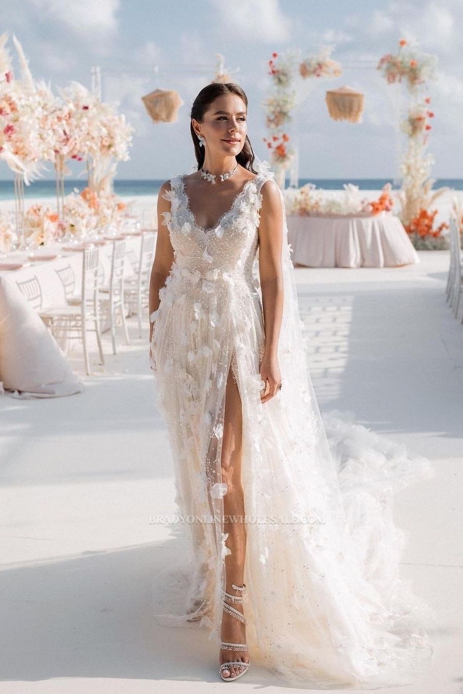 V-neck Appliques Lace A-Line Wedding Dresses with Split