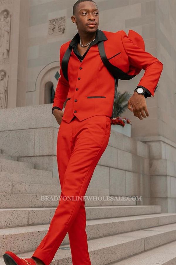 Walter Red Three Pieces Prom Suits With Black Shawl Lapel
