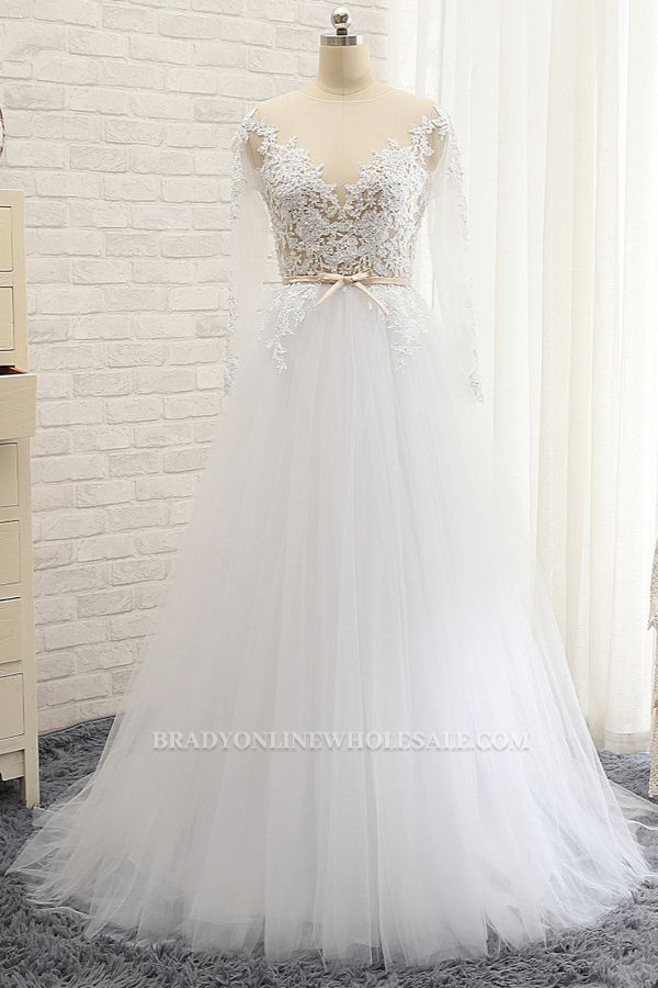 Bradyonlinewholesale Affordable White Tulle Ruffles Lace Wedding Dresses Jewel Longsleeves Bridal Gowns With Appliques On Sale