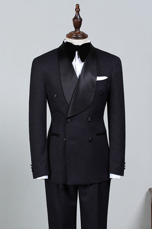 Salomon Classic All Black Double Breasted Groom Custom Wedding Suit