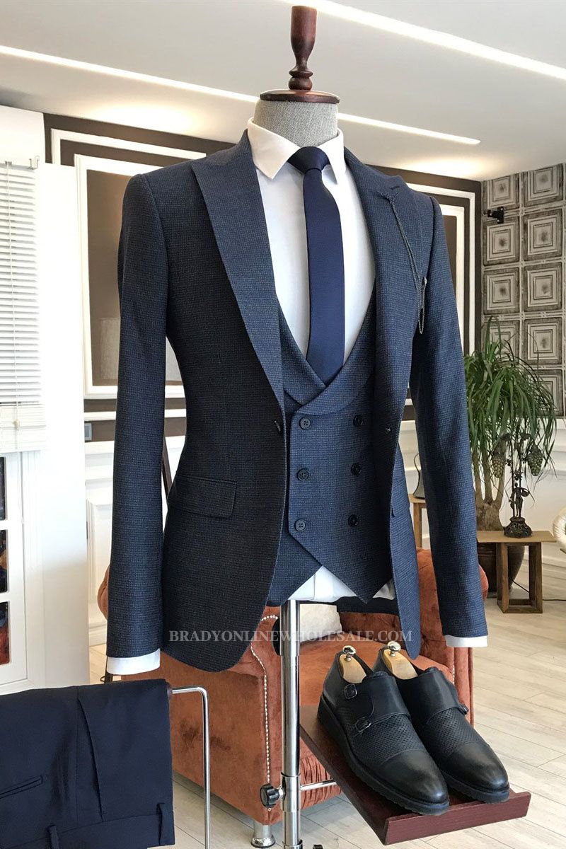 Hot Navy Blue Small Plaid One Button Double Breasted Vest Custom Business Suit