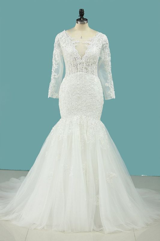 Bradyonlinewholesale Elegant Square Tulle Lace Wedding Dress Mermaid Long Sleeves Appliques Bridal Gowns On Sale