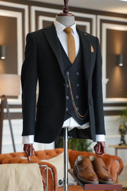 Patrick Formal Black 3 Piece Notched Lapel Best Business Mens Suit