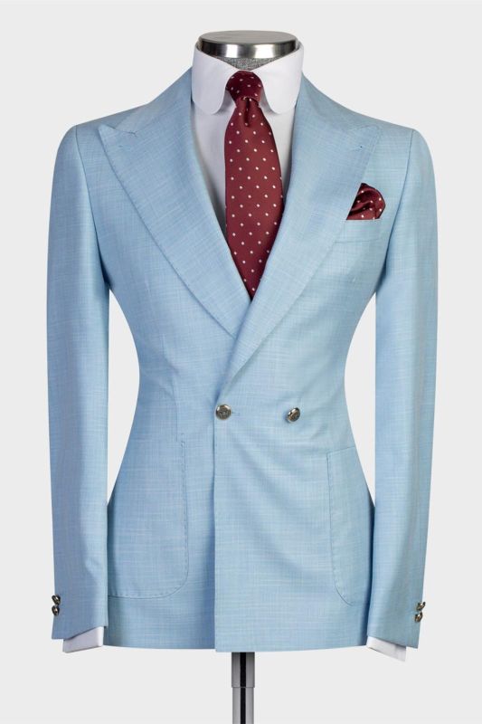 Fashion Sky Blue Double Breasted Men Suits with Point Collar