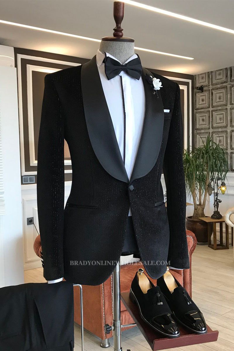 Soft Black Shawl Lapel with One Button Slim Fit Shiny Wedding Suit