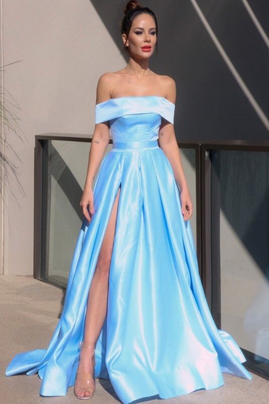 Elegant Off the shoulder sky blue high split prom dress