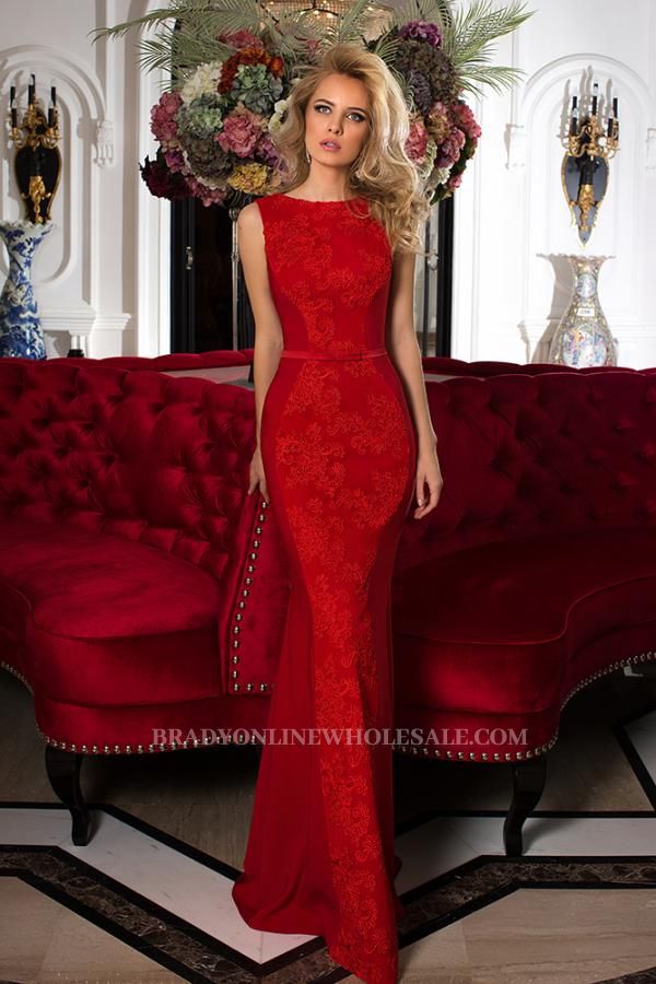 Stunning Jewel Neck Red Lace Mermaid  Evening Maxi Dress