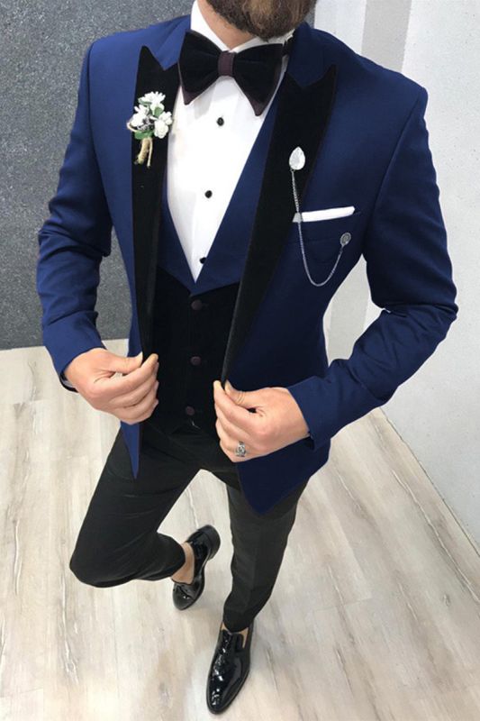 3 Piece Black and Blue Peak Lapel Wedding Suit Tuxedo with Vest