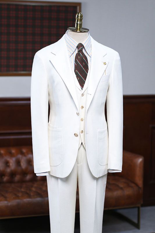 August Simple White 3 Piece Notched Lapel Slim Fit Custom Business Suit