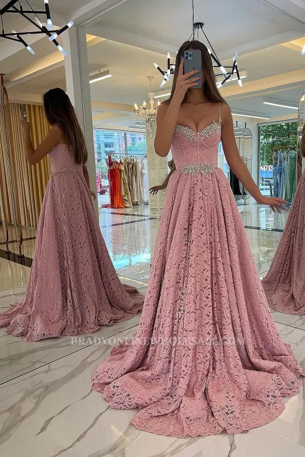 Stunning Spaghetti Straps Lace Long Evening Dress Sweetheart Beadings Aline Prom Dress