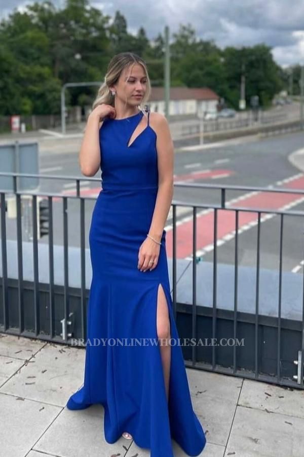 Simple Sleeveless King Blue Floor Length Side Slit Evening Dress | Prom dresses long cheap