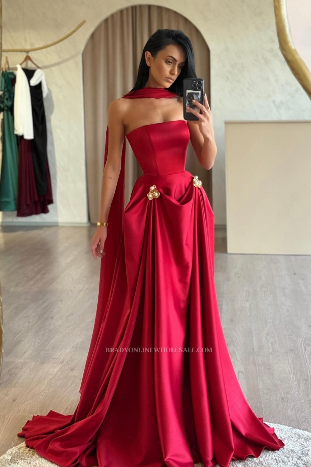 Red Strapless Ruched Pearl Detailing Mermaid Prom Dresses