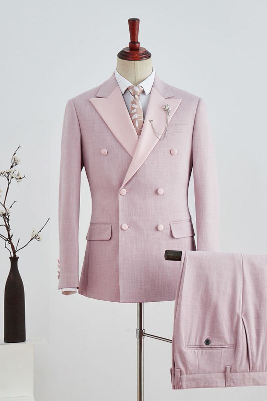 Bruce Trendy Pink Check Point Lapel Double Breasted Prom Suit