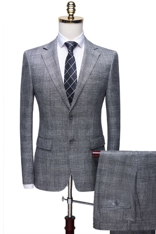 Dorian Simple Grey Notched Lapel Plaid Two Piece Formal Business Mens Suit