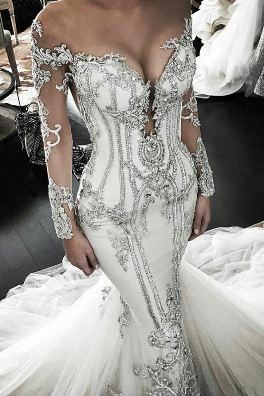 Vintage Appliques Mermaid Wedding Dresses | Off-the-Shoulder Long Sleeves Bridal Gowns