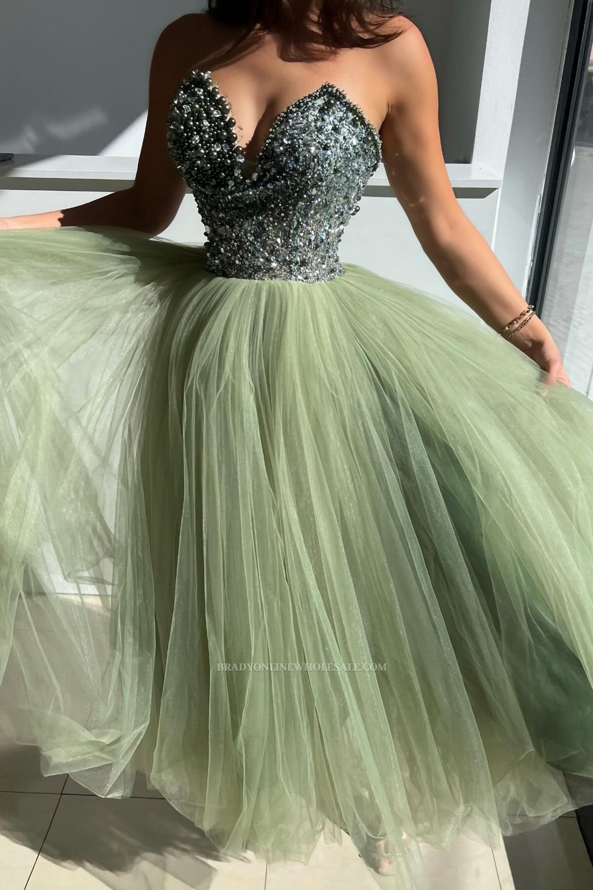 Sweetheart Strapless Tulle Beading A-Line Prom Dresses