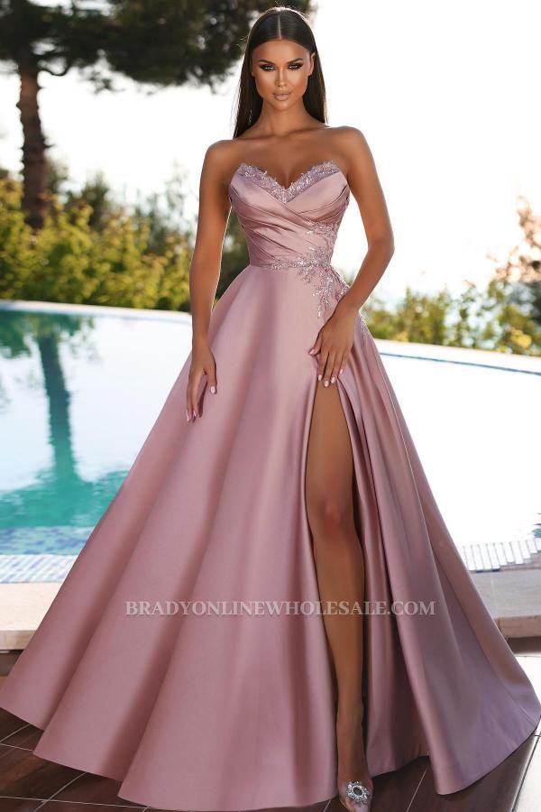 Stunning Pink Satin Sweetheart Strapless Side Split Evening Dress  Crystals Long  Party Dress