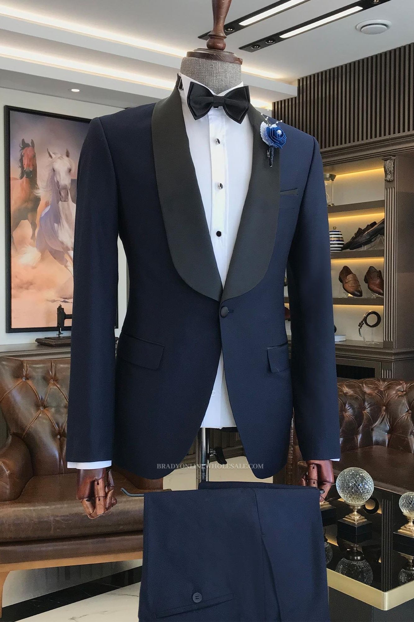 Navy One Button Wedding Suits With Black Shawl Lapel
