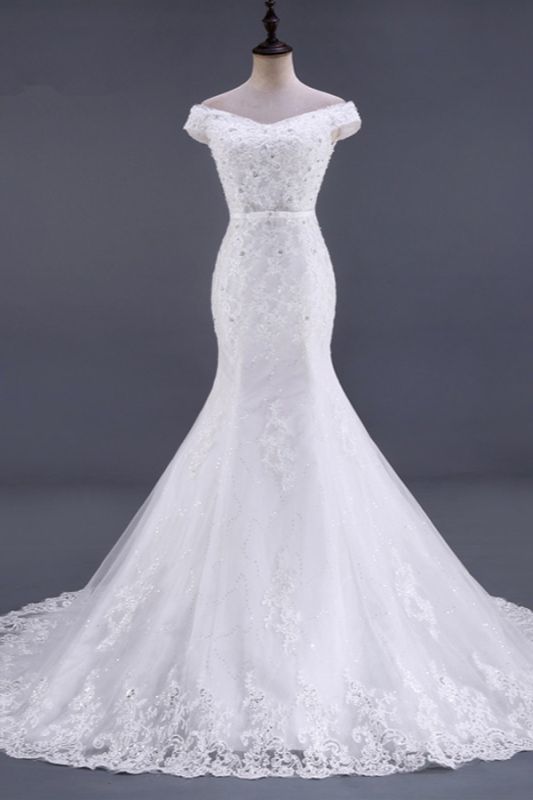 Bradyonlinewholesale Elegant Mermaid Off-the-Shoulder White Wedding Dress Sweetheart Sleeveless Lace Appliques Bridal Gowns with Rhinestones
