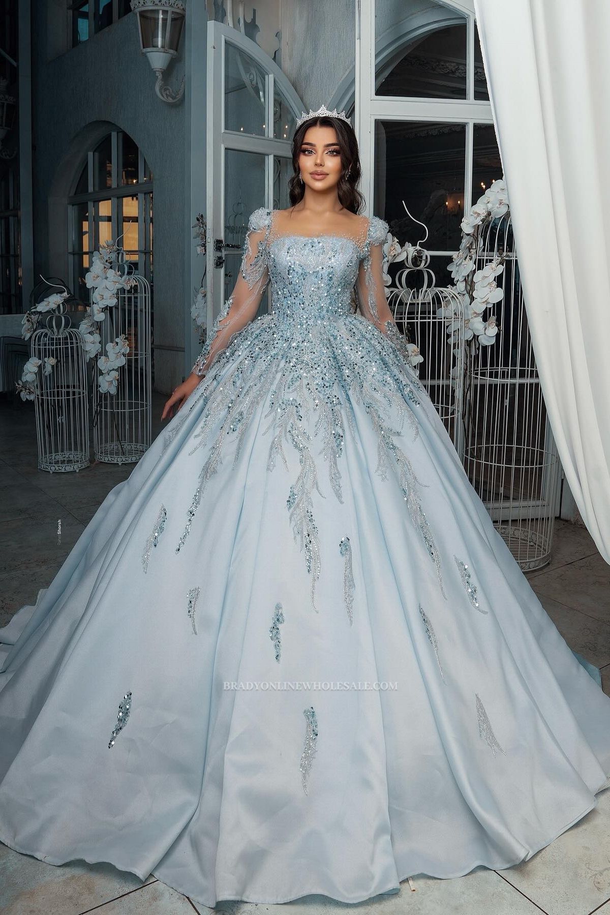 Luxurious Evening Dresses Long Blue Ball Gowns with Glitter
