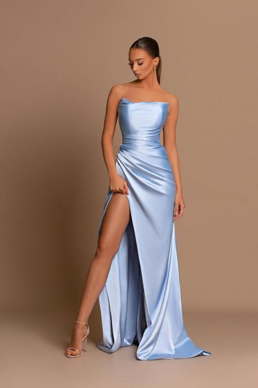 Blue Simple Bandeau Side Slit Evening Dress | Long Prom Dresses