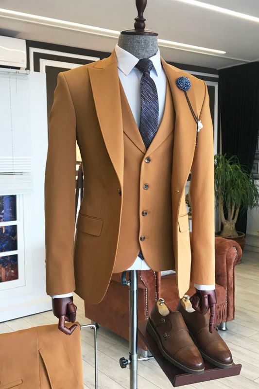 Fashion Brown Point Lapel Double Breasted Vest Mens Business Suit