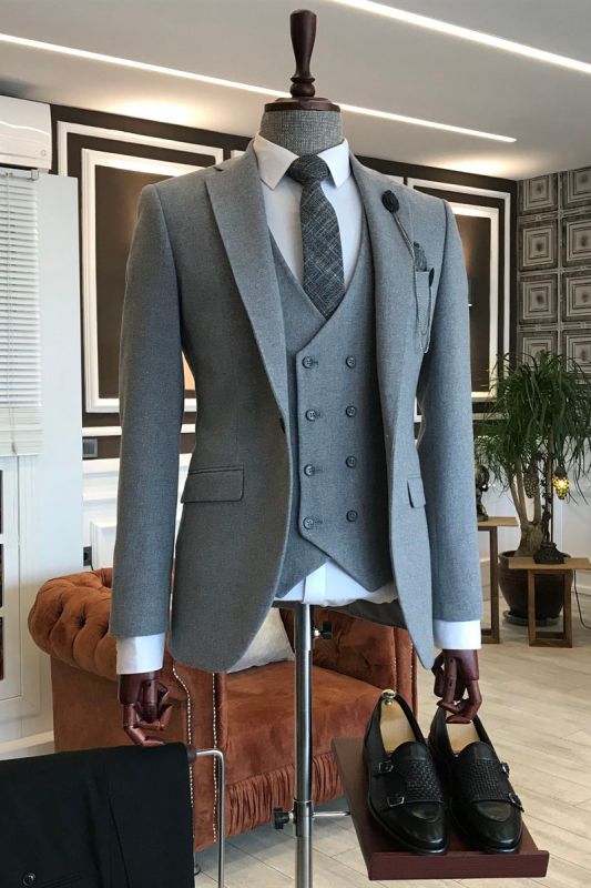 Primo Grey 3 Piece Notched Lapel Stylish Business Mens Suit