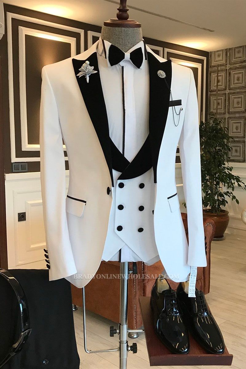Ingram Handsome White Mixed Black Pointed Lapel One Button Slim Fit Prom Mens Suit