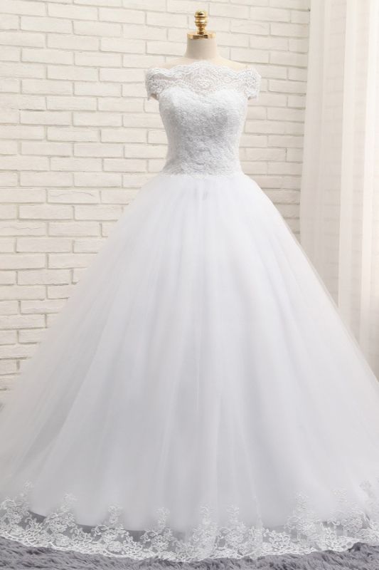 Bradyonlinewholesale Modest Bateau Tulle Ruffles Wedding Dresses With Appliques A-line White Lace Bridal Gowns On Sale
