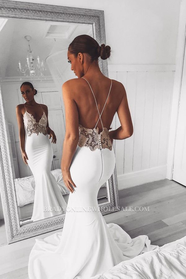 Sexy V-Neck Lace Spaghetti Strap Mermaid Wedding Dress Open Back Bridal Gown