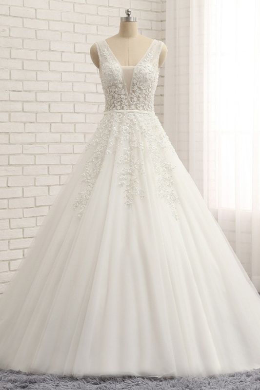 Bradyonlinewholesale Elegant A line Straps Lace Wedding Dresses White Sleeveless Tulle Bridal Gowns With Appliques On Sale
